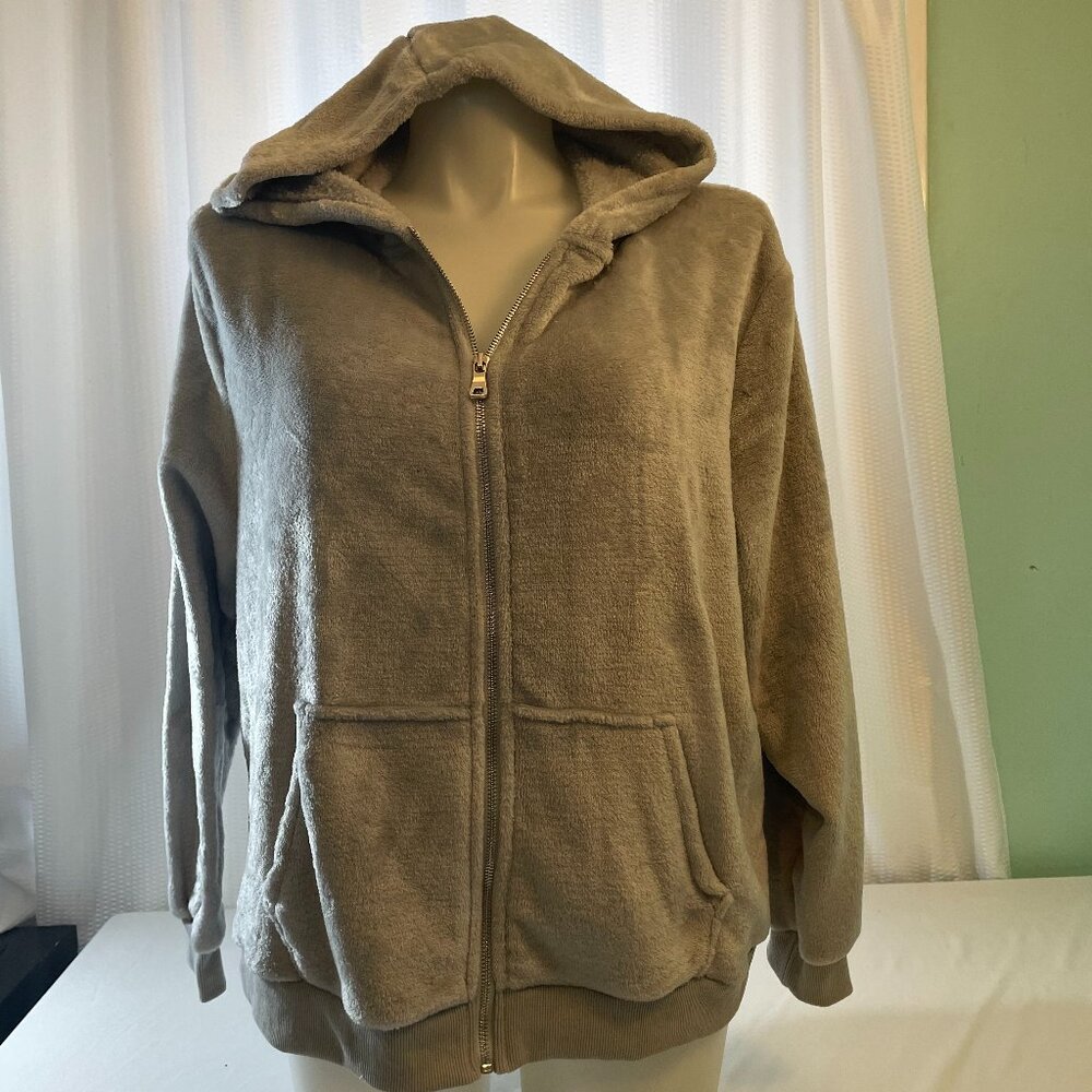 Hoodie 1X Gray Teddy Faux Fur Super Soft Plush Zip Front Jacket Coat Top Pockets